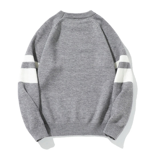 Color-Block Jacquard Round Neck Pullover Sweater for Men - Japanese Loose Retro Knitwear