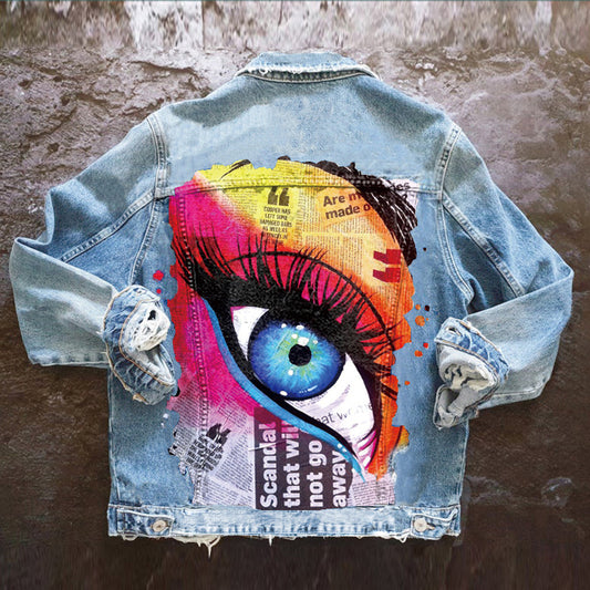 Women's Lapel Denim Jacket with Mascara Eye Print Pattern
