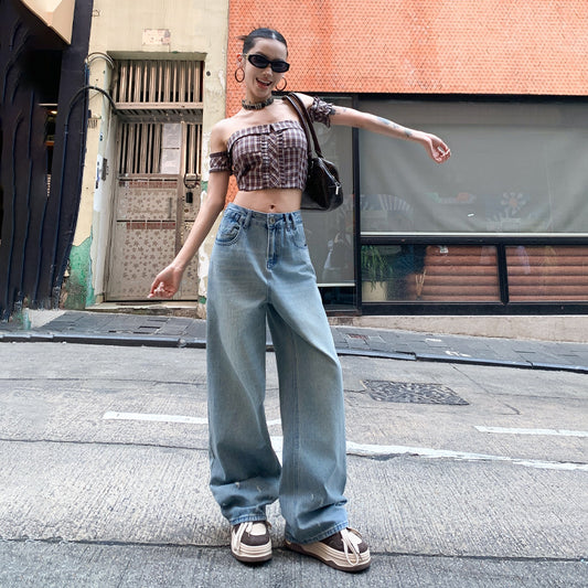 Distressed Denim Pants for Women, Loose Fit, High Waist, Wide Leg, Floor-Length Trousers