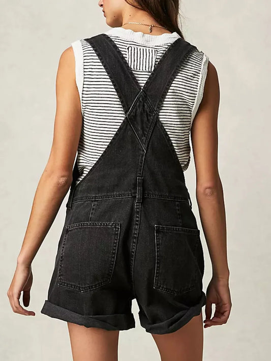 Premium Square Neck Wide Strap Denim Overalls in Black