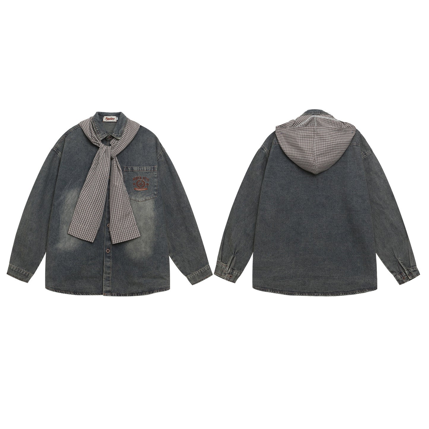 Washed Hooded Unique Design Long Sleeve Denim Shirt