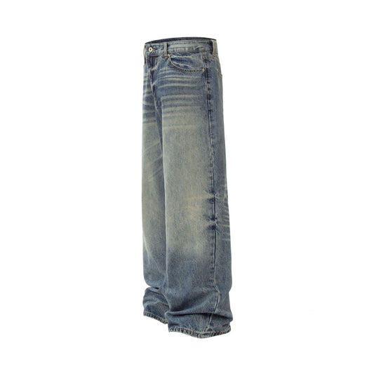 Unisex Vintage High-End Cat Whisker Pattern Raw Denim Washed Loose Fit Jeans