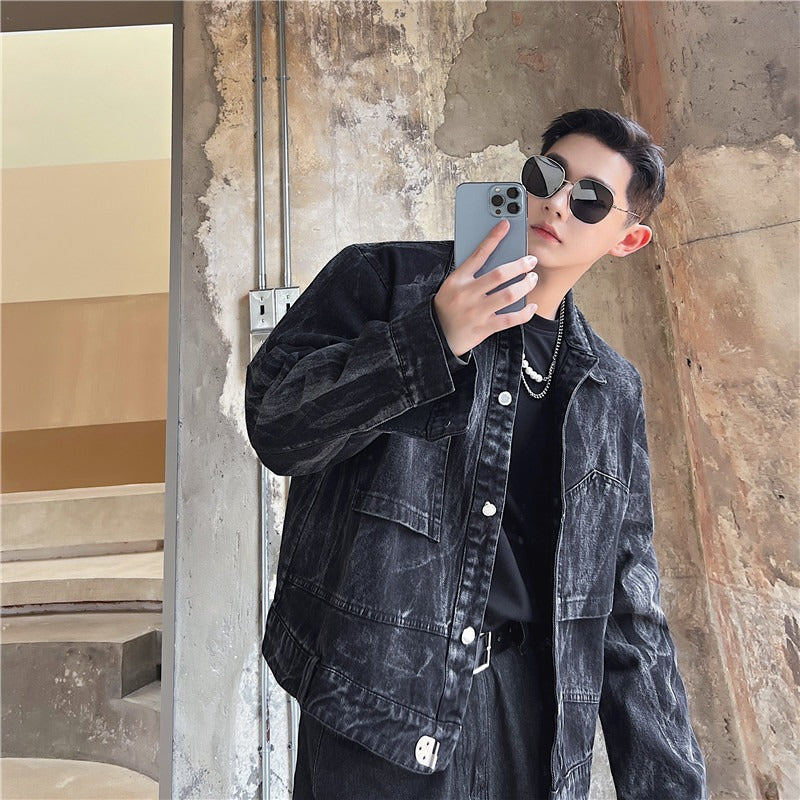 Washed Black and Gray Denim Jacket with Retro Pocket Design