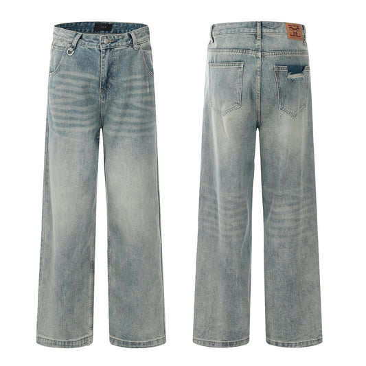 Washed Blue Straight Jeans - Retro Clean Fit Slimming Loose Casual Wide Leg Long Pants