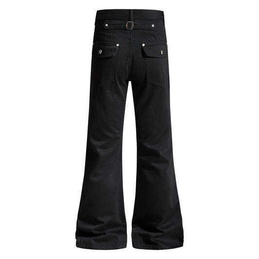 Men Black Denim Pants — Mid Waist Wide-Leg Street Fashion Jeans