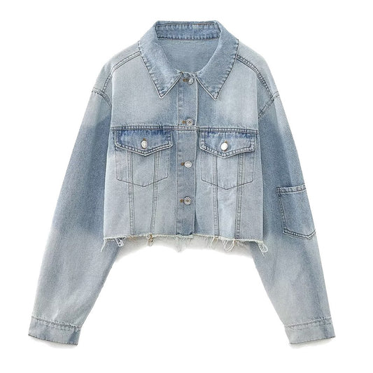 Vintage Denim Crop Jacket for Women with Long Sleeves and Front Buttons