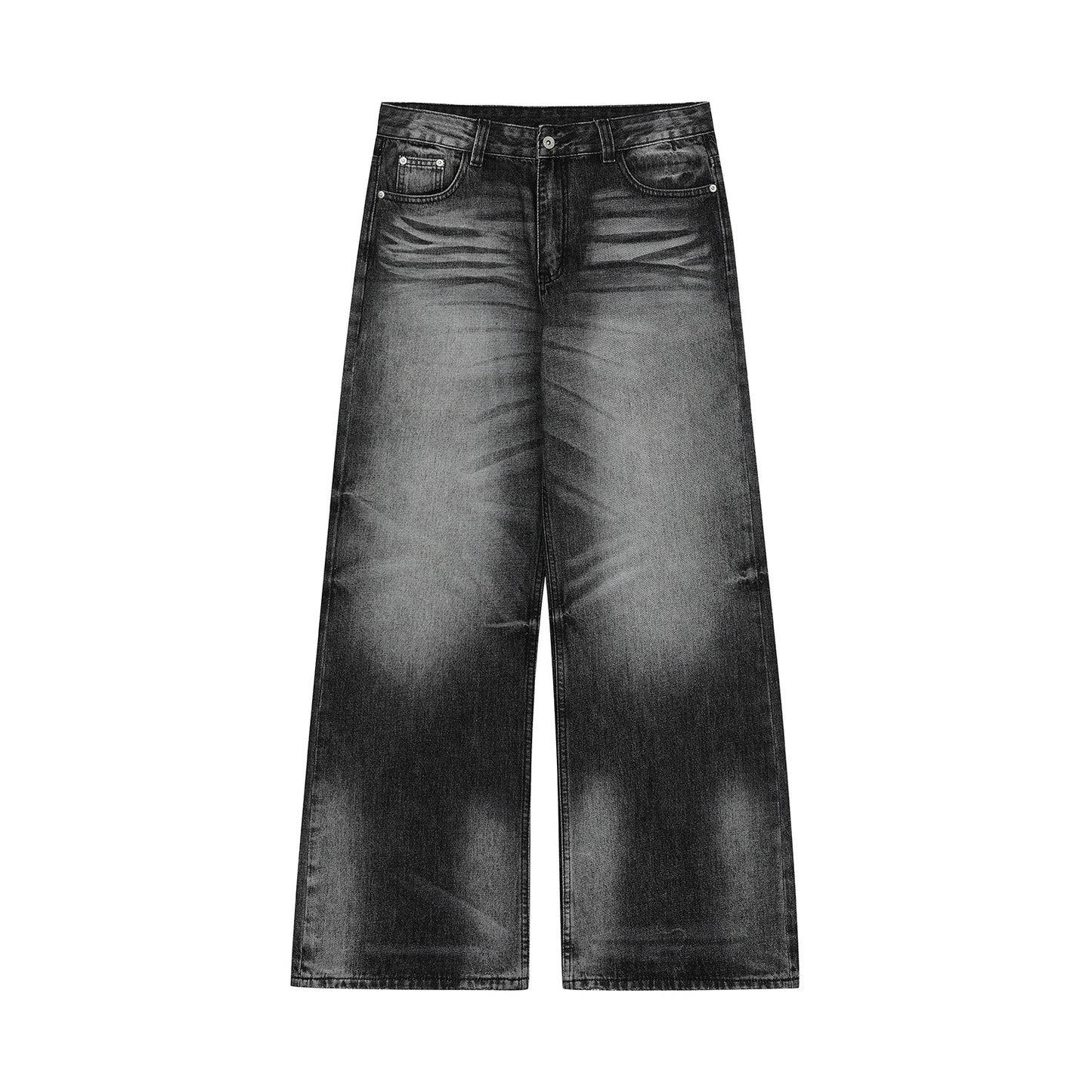 Retro Cat Whisker Pattern Loose Fit Men's Washed Black Flare Jeans