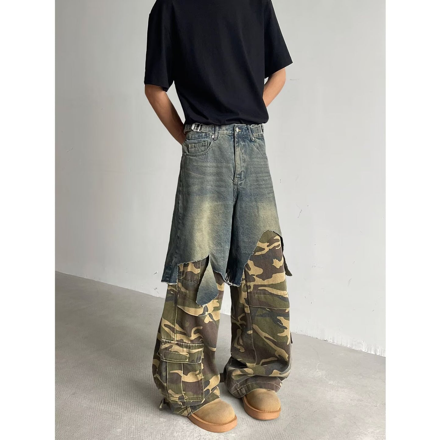 Splicing Fake Two Camouflage Workwear Color Blocked Jeans