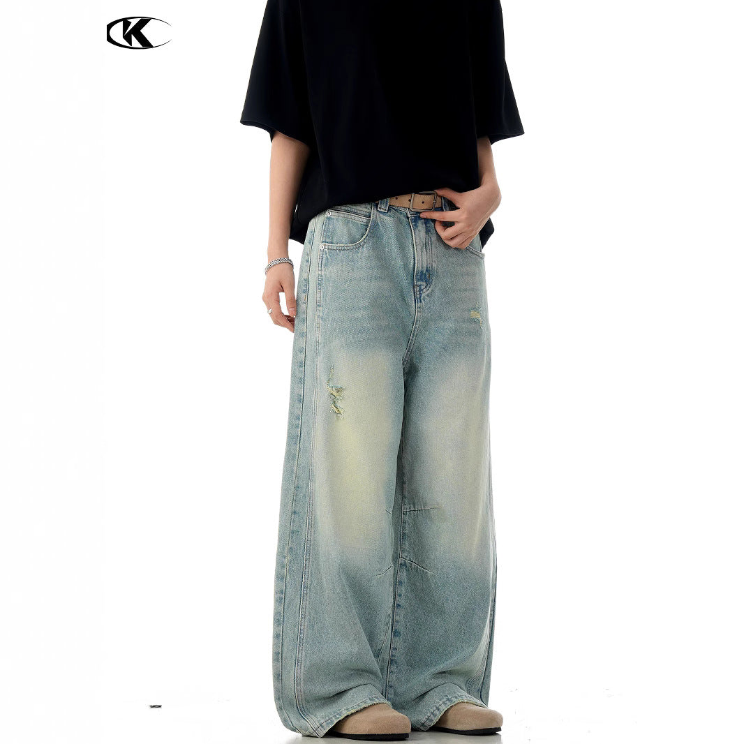 Water-Washed Knife-Cut Holes Slimming 3D Loose Casual Long Pants