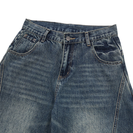 Men's Denim Jeans, Distressed White Washed Catwhisker Knife Cut, Loose Fit Casual Pants for Men