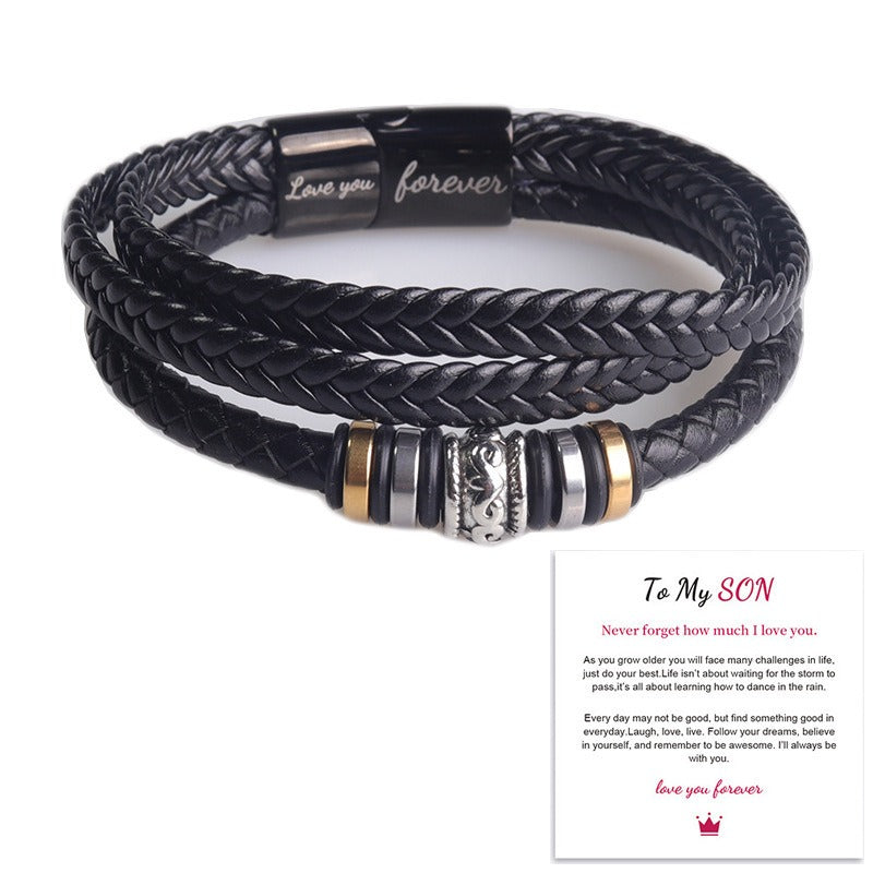 Men's Leather Bracelet with Stainless Steel Magnetic Clasp - I Love You Engraved Multi-layered Black Leather Cord Bracelet
