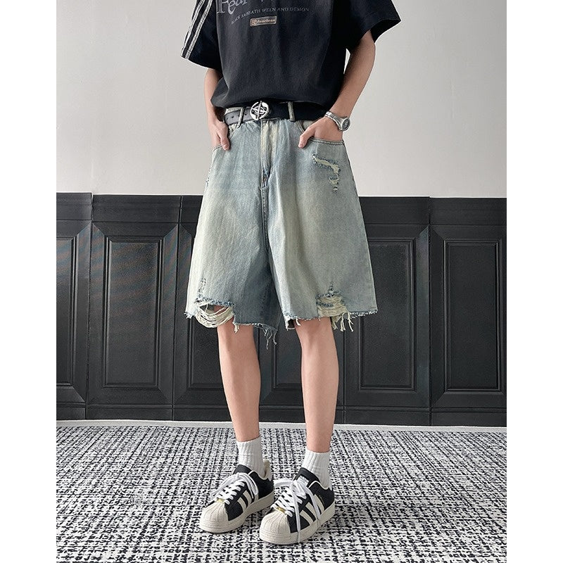 Ripped Denim Relaxed Fit Five-Quarter Pants