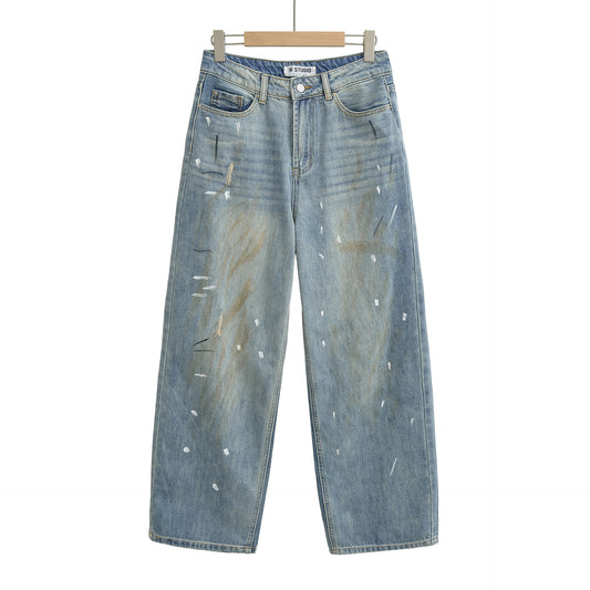 High-Waisted Distressed Washed Frayed Hand-Scuffed Wide-Leg Denim Trousers