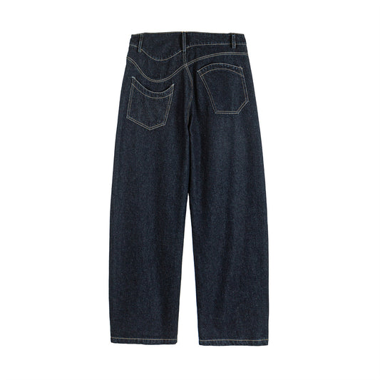 Straight Loose Fit Denim Pants with Visible Stitching in Original Color - Casual Wide Leg Jeans