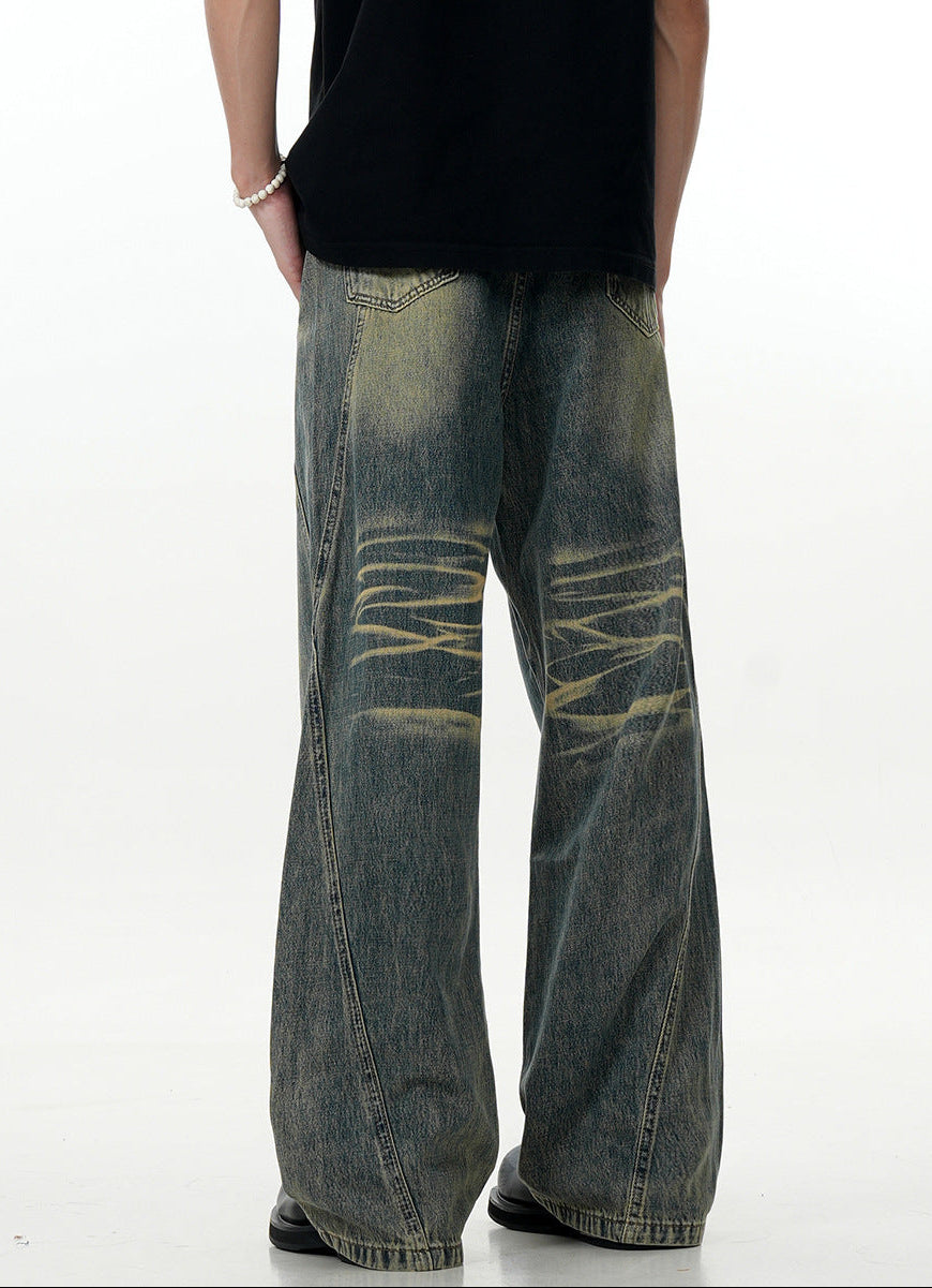 Blue Flared Jeans with Deconstructed Design - Faded Slim Straight Casual Long Pants