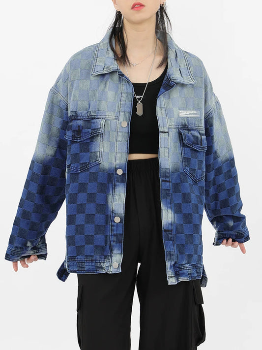 Women's Diamond Lattice Denim Coat with Gradient Color and Pocket Patchwork