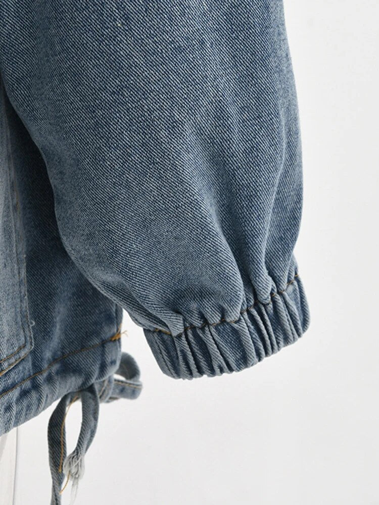 Casual Hooded Denim Jacket with Patchwork Pockets for Women