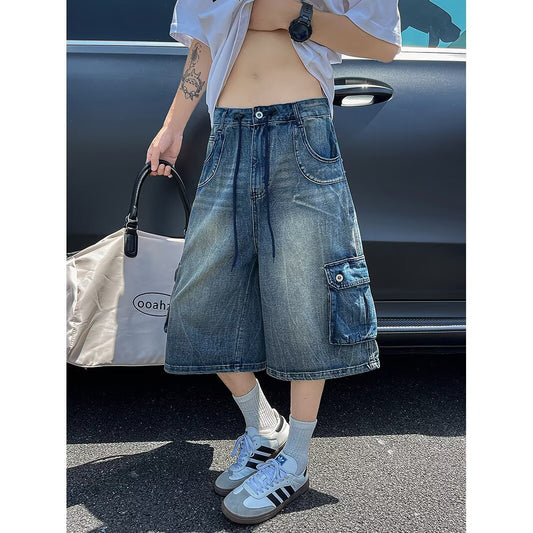 Washed Denim Seven Part Wide Leg Workwear Shorts