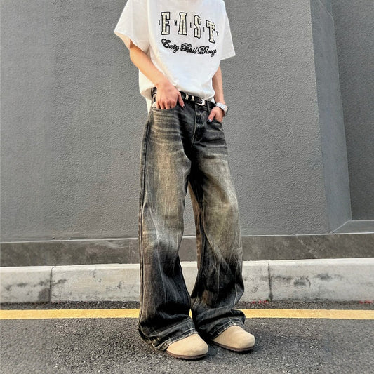 Washed Retro Distressed Black Gray Denim Straight Leg Wide Leg Long Pants