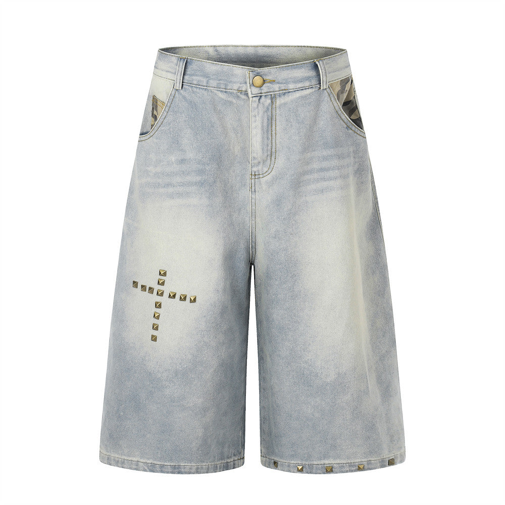 Men’s Punk Washed Denim Shorts — Distressed Cotton with Metal Accents