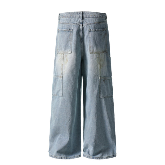 Ripped Denim Pants Tie Dye Wash Loose Straight Leg Pants