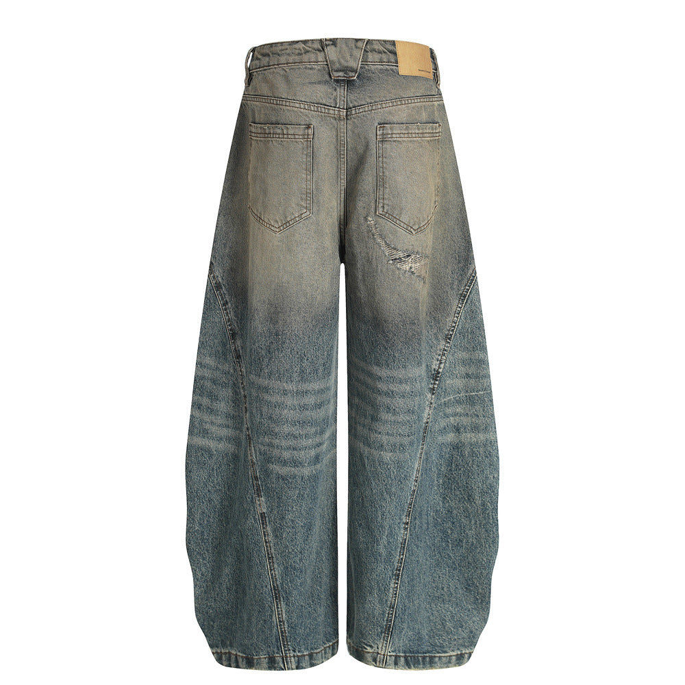 Men's Denim Jeans, Post-Apocalyptic Style Distressed Ripped Dagger Cut-Offs, Loose Fit Men's Pants