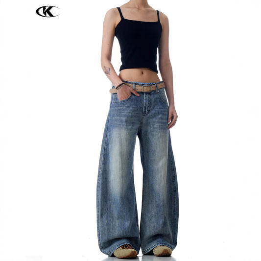 Texture Tapered Denim Pants Cleanfit Retro Wide Leg Slim Fit Loose Straight Long Pants