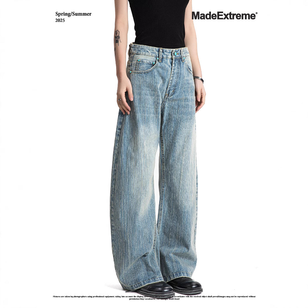 Washed Bamboo Slub Faded White Unisex Summer Loose Straight Denim Pants