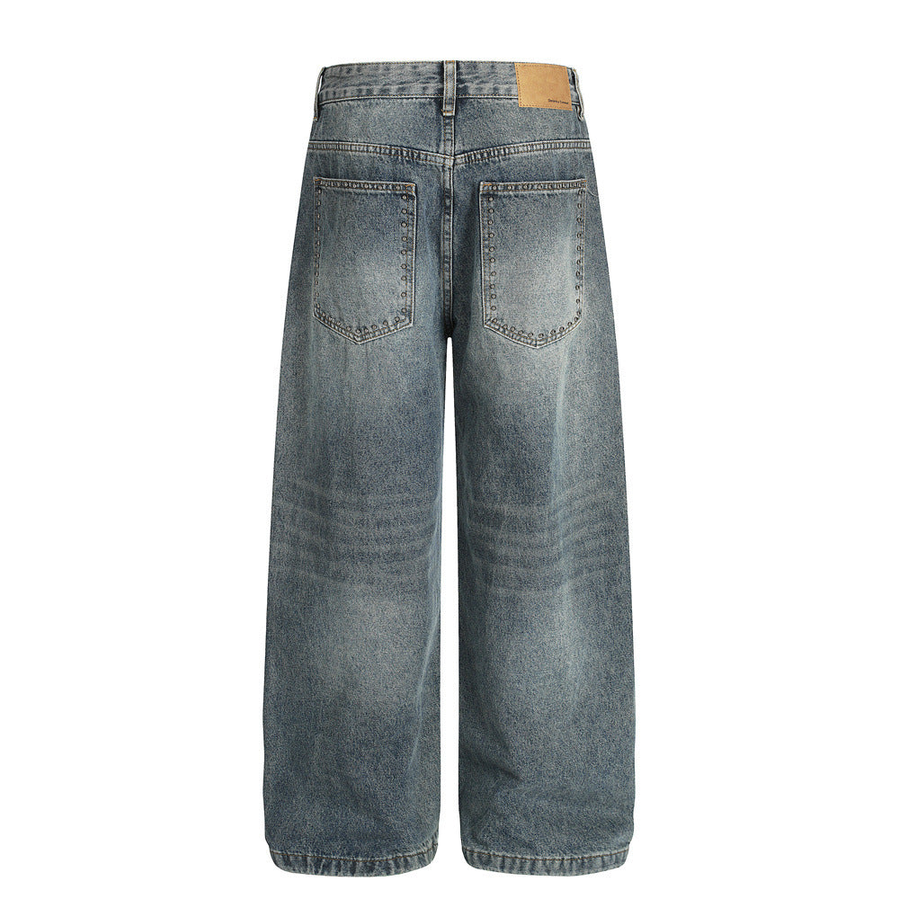 Men's Denim Pants, Patchwork Cat Whisker Design Loose Fit, Casual Wide Leg Jeans for Men