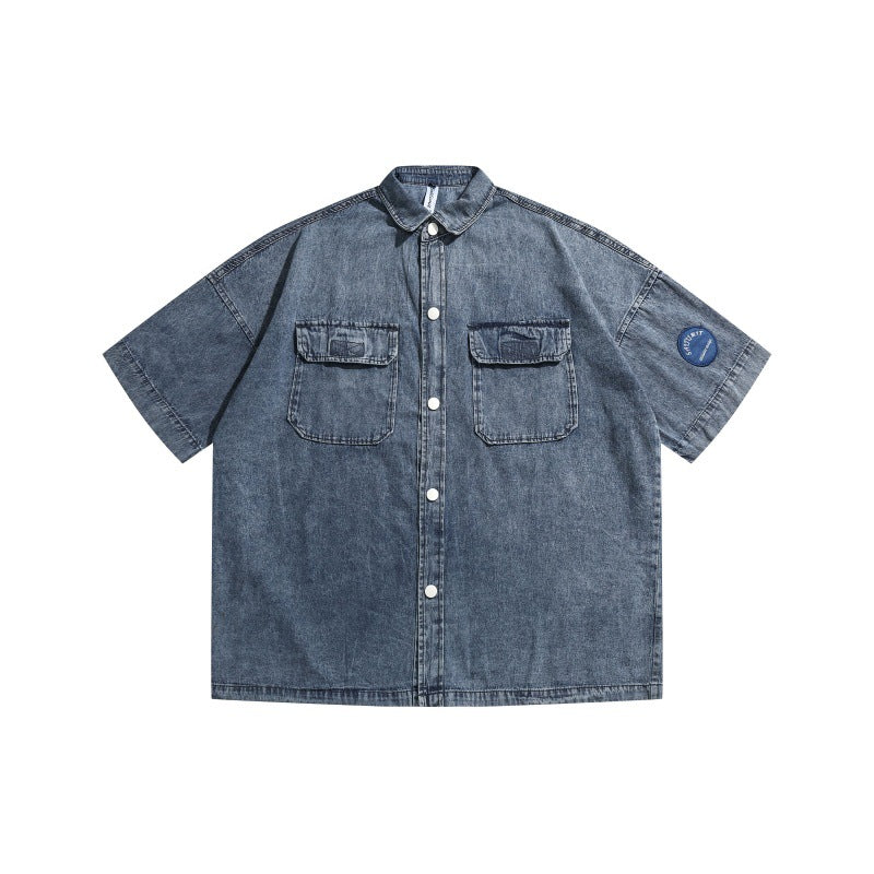 Embroidered Loose Vintage Denim Shirt with Patch Pockets