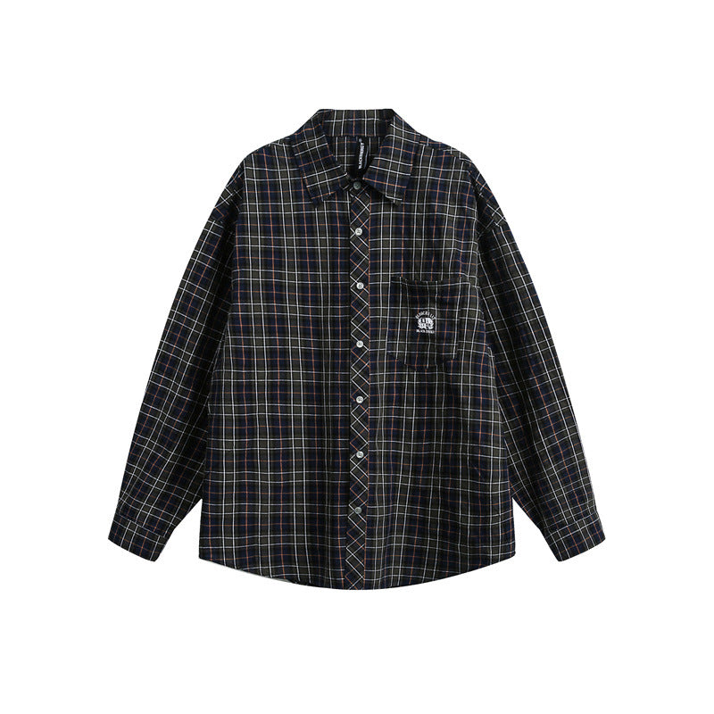 Loose Heavy-Duty Plaid Lapel Long Sleeved Casual Shirt