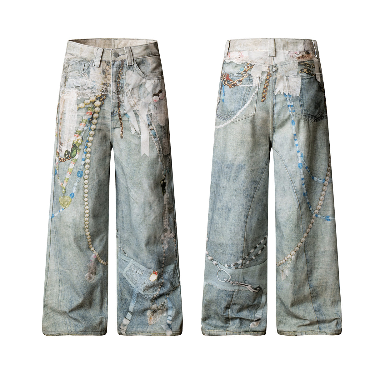 Premium Printed Washed Denim Pants with Loose and Wide Legs