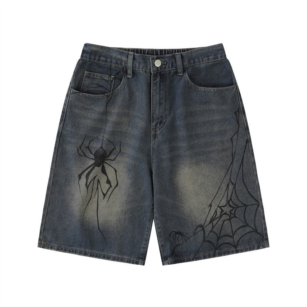 Men's Spider Print Denim Shorts in Casual Loose Fit