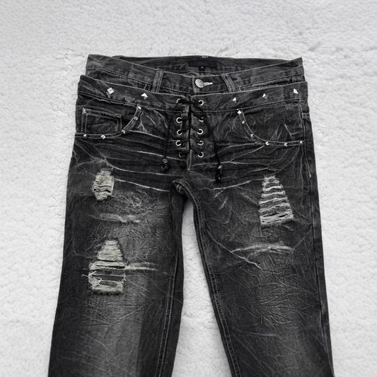 Gothic Style Flared Jeans - Distressed Denim Trousers