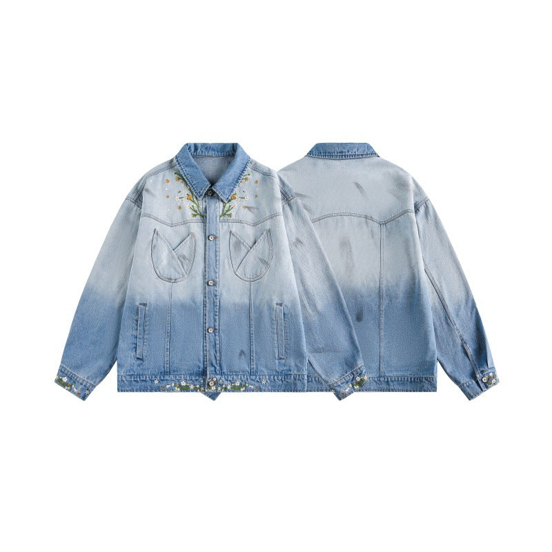 Chrysanthemum Embroidery Loose Washed Gradient Denim Jacket