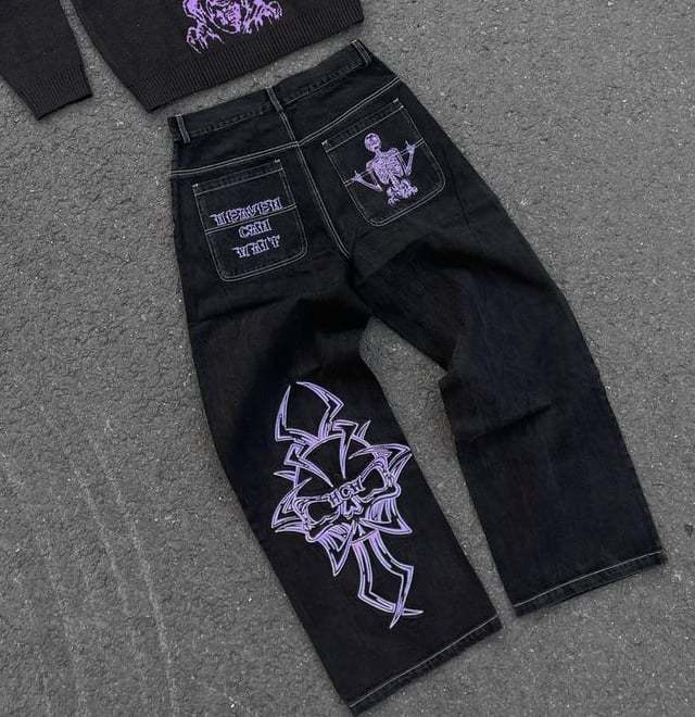 Retro Hip-Hop Goth Skeleton Embroidered Wide Leg Denim Jeans for Men