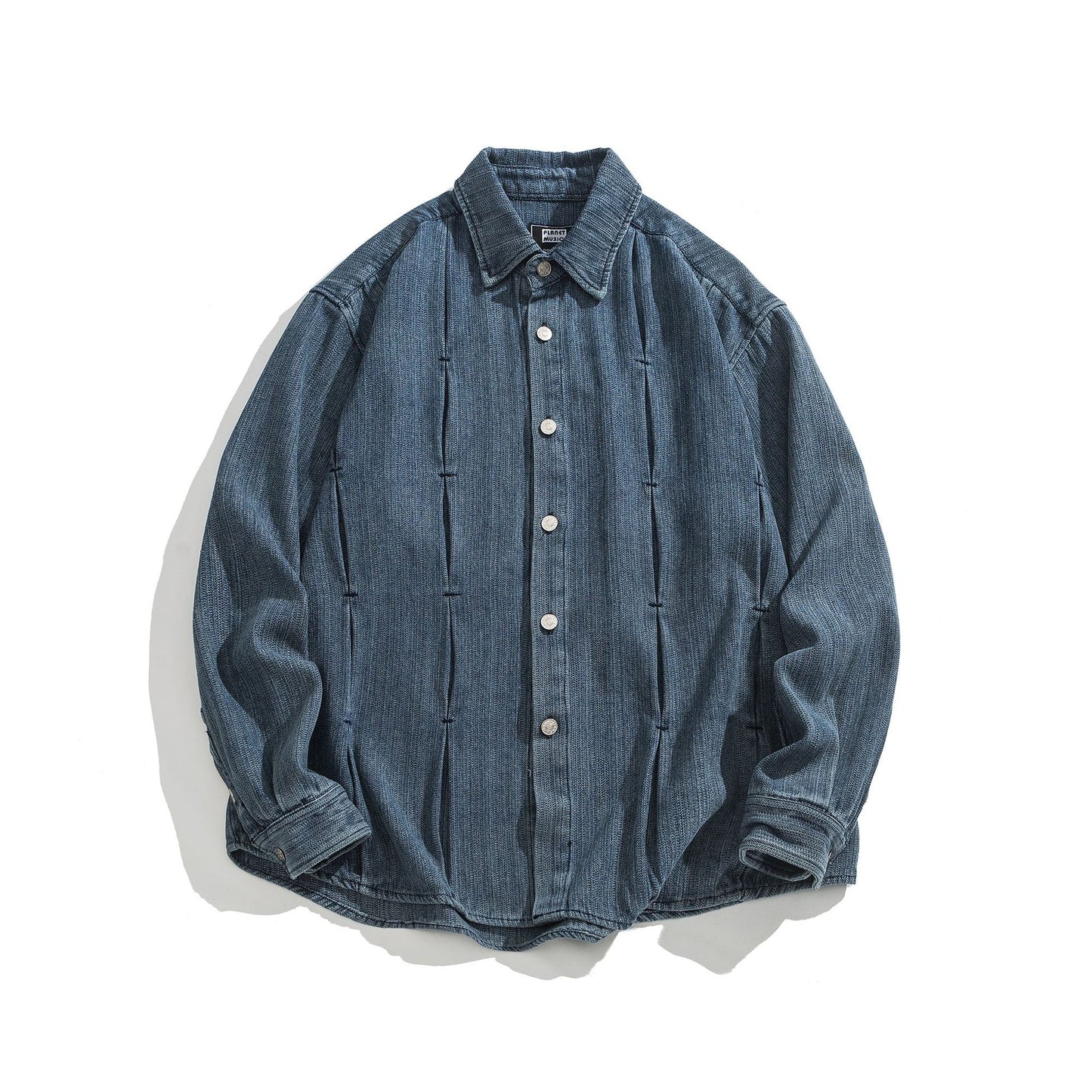 Pleated Denim Collar Long Sleeved Shirt