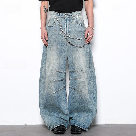 Bamboo Pattern Curved Knife Denim Loose and Slimming Wide Leg Pants