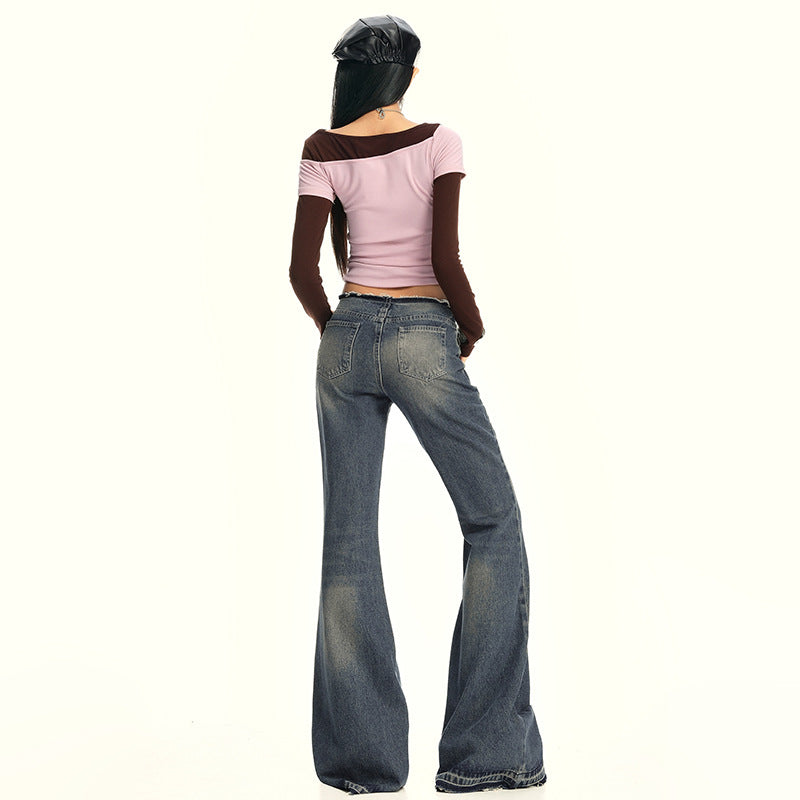 Women's Low Waist Flared Jeans - Long Trumpet Pants Non-Skinny Trousers