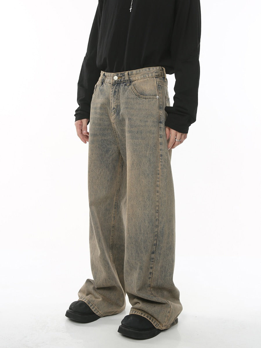 Distressed Hong Kong Style Retro Loose Wide-Leg Denim Trousers