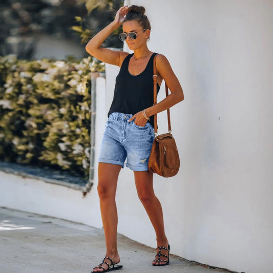 High-Waisted Fringed Distressed Denim Shorts for Women