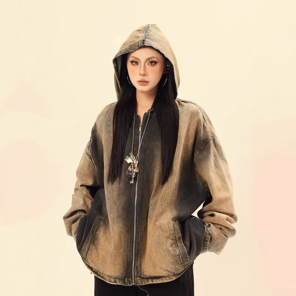 Washed Gradient Color Distressed Denim Jacket