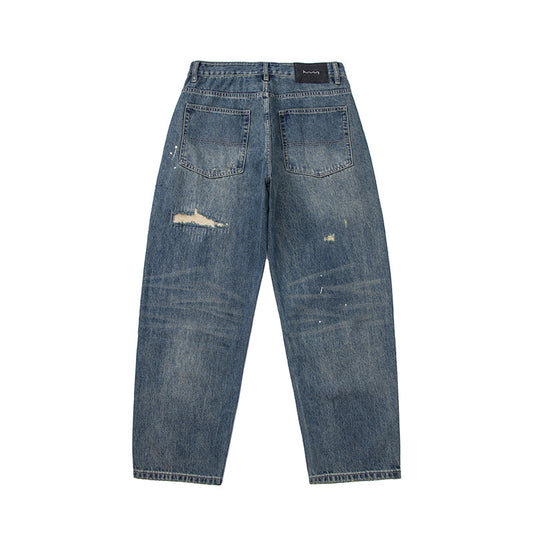 Washed Paint Splatter Patch Hole Catwhisker Straight Leg Jeans for Men