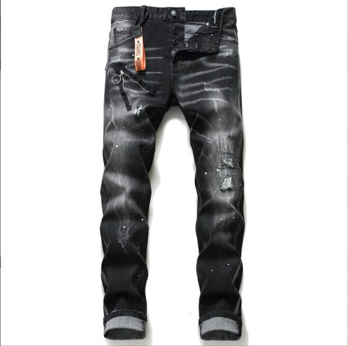 Black and Gray Torn Zipper Jeans for Men