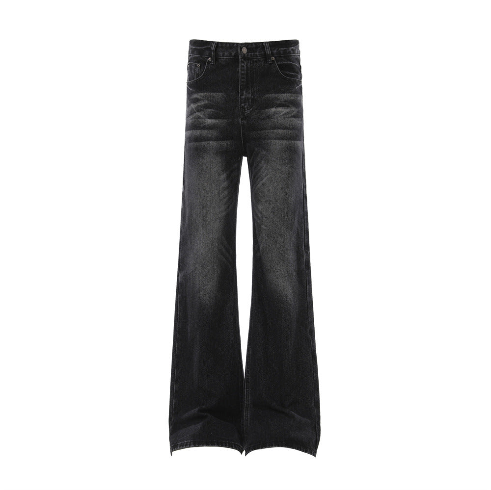 Mens Washed Denim Bell Bottom Jeans — Flared Mid Waist Zip Fly Streetwear