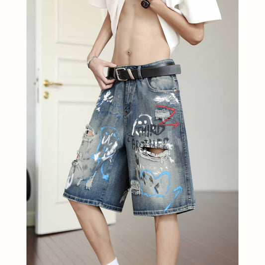 Graffiti Printed Denim Cropped Pants - Summer Loose Casual Mid Length