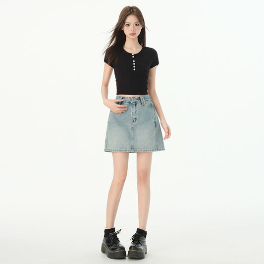 Light Color Denim Skirt for Women - High Waist Slim A-line Pencil Skirt