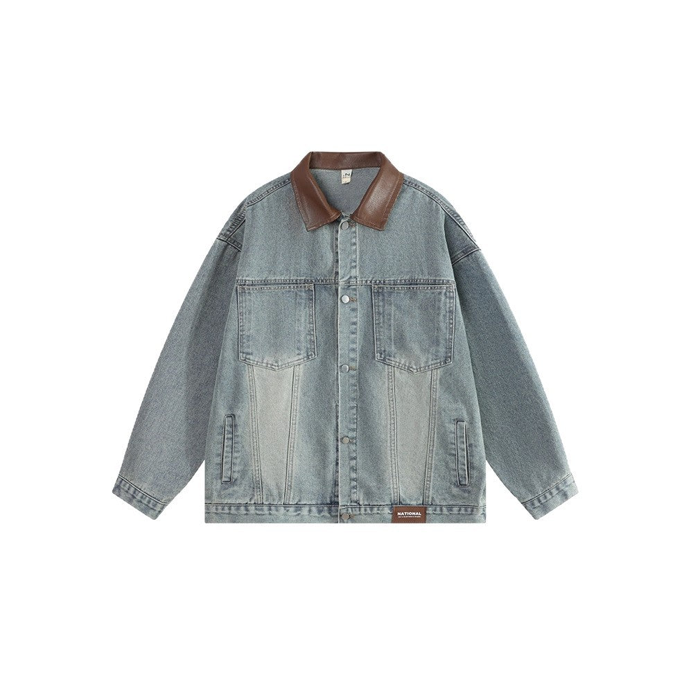 Vintage Leather Collar Denim Jacket Loose Workwear Jacket