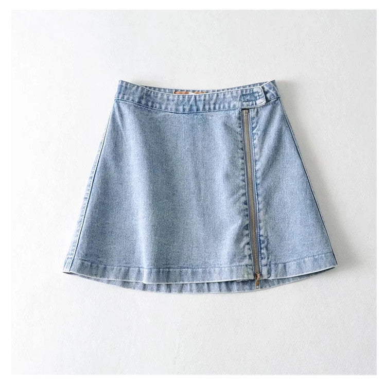 Women's Light Blue High-Waisted Denim Skirt with Side Zipper