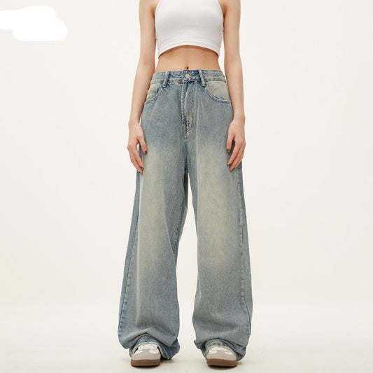 Blue Straight Jeans - Unisex - Vintage Washed Loose Fit Wide Leg Trousers
